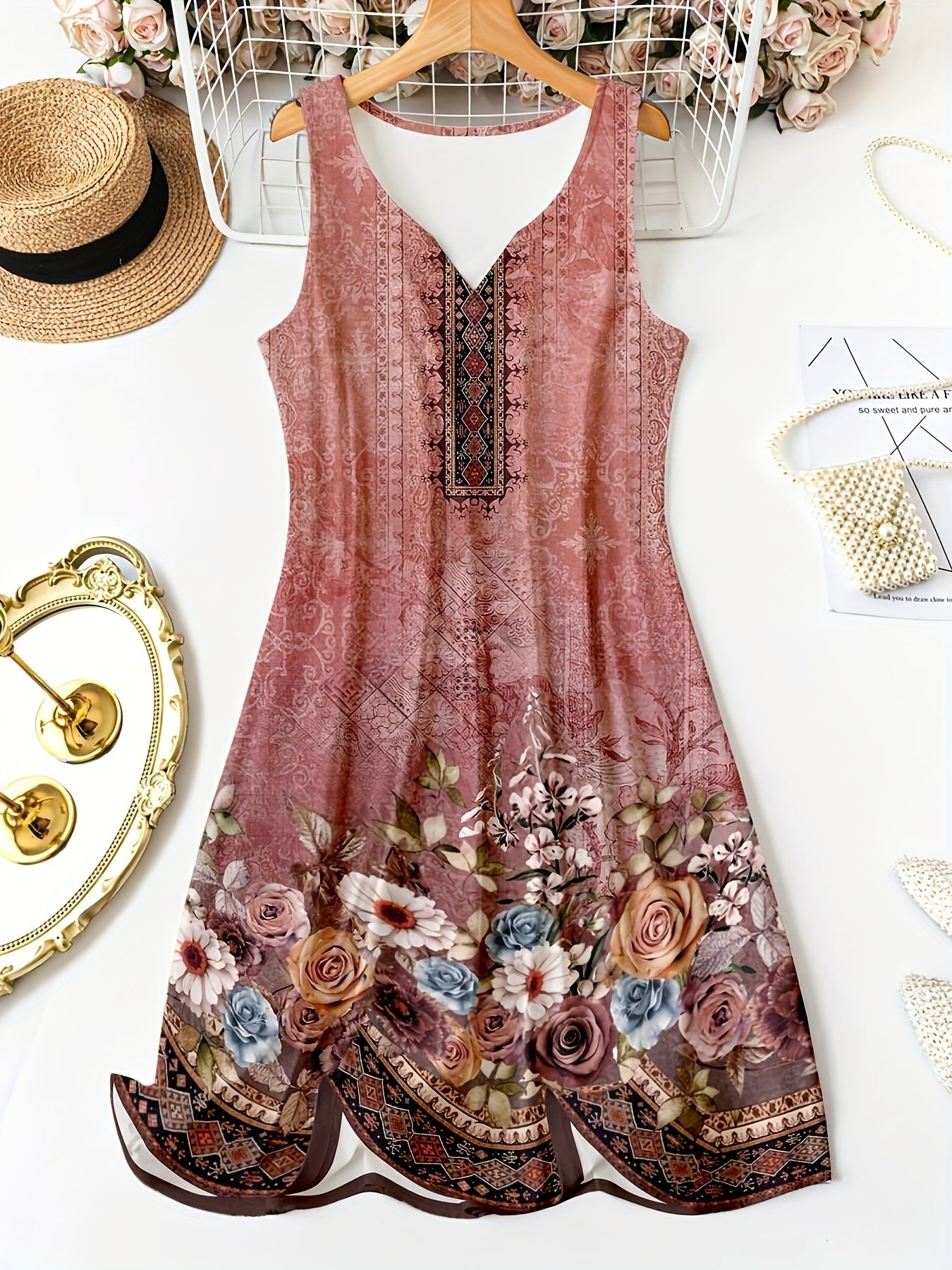 Self-pick-up Plus Size Women'S Floral Print V Neck Casual Sleeveless Dresses Only Self-pickup Is Supported