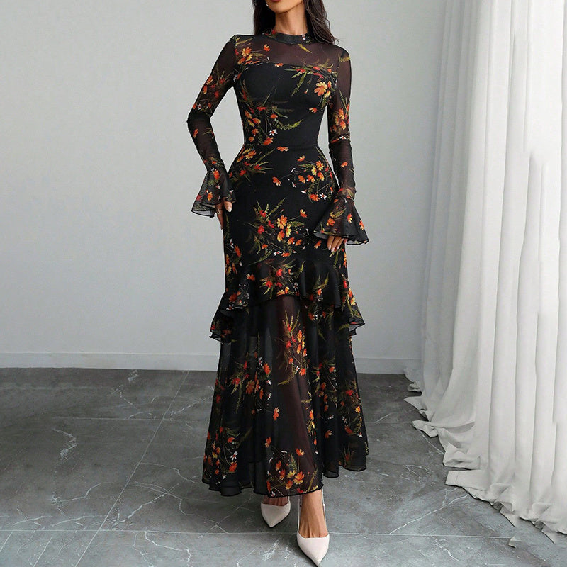 Women's Floral Print Maxi Dress, Sheer Mesh Flare Sleeve With Tiered Ruffle, Romantic Boho Casual Long Dress