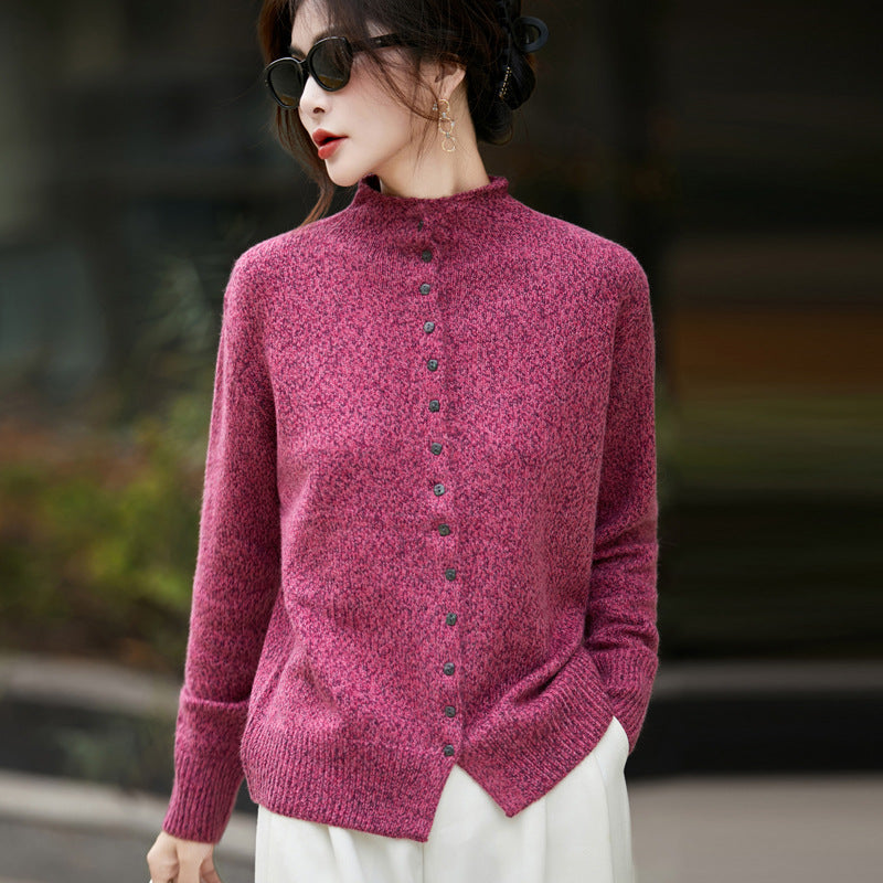 Machine Washable Half Turtleneck Arabesquitic Fabric Knitted Cardigan