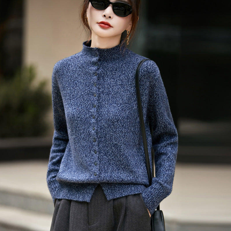 Machine Washable Half Turtleneck Arabesquitic Fabric Knitted Cardigan