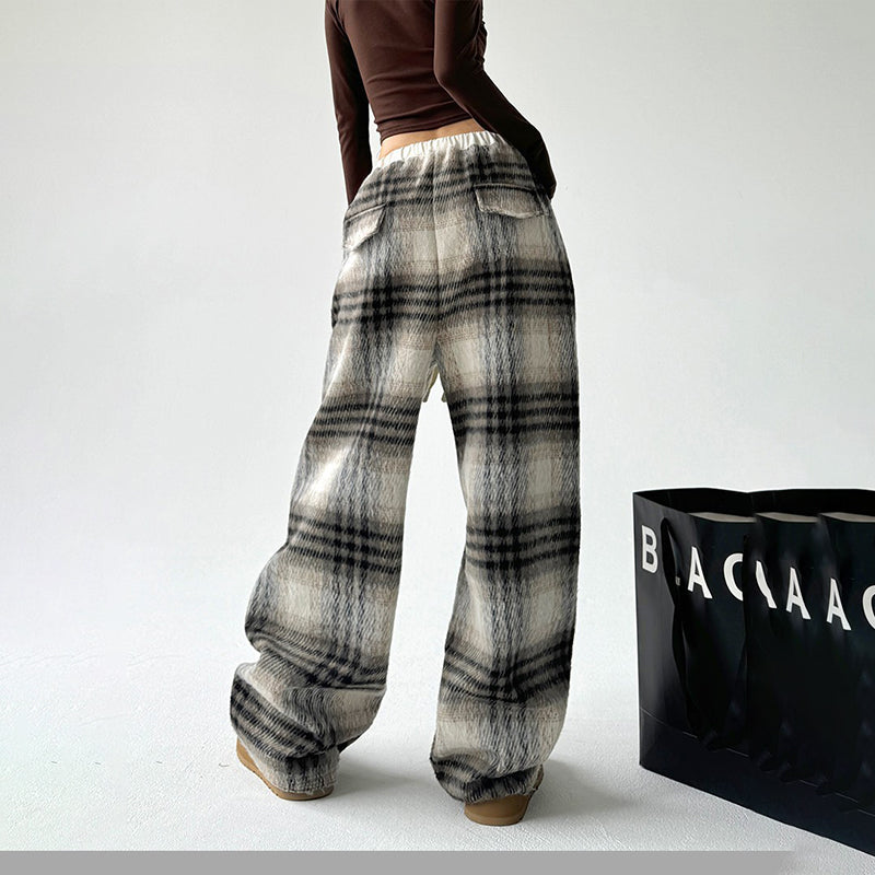 Women's High-Waisted Plaid Wide Leg Pants, Check Pattern Trousers With Drawstring Waist And Pockets