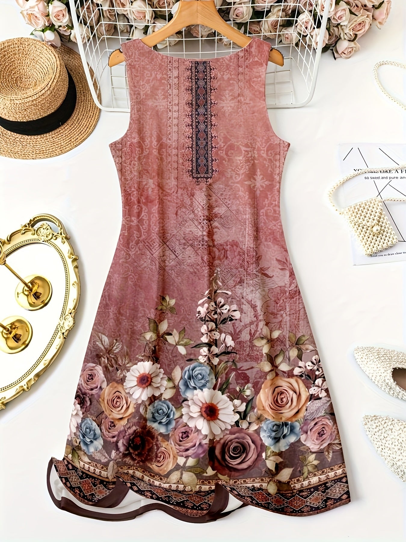 Self-pick-up Plus Size Women'S Floral Print V Neck Casual Sleeveless Dresses  Only Self-pickup Is Supported