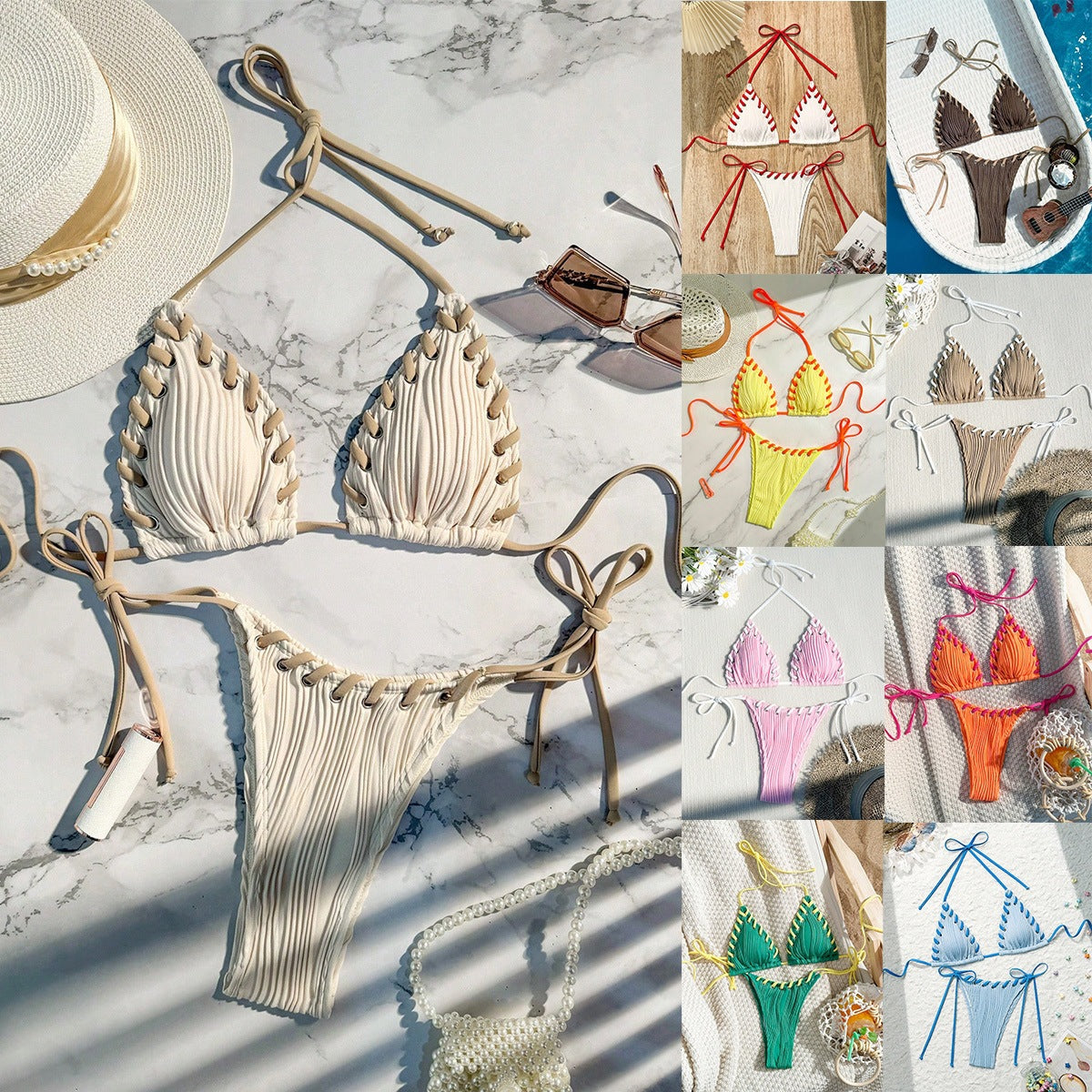 New Bikini Swimsuit Sexy Solid Color Black Eye Rope