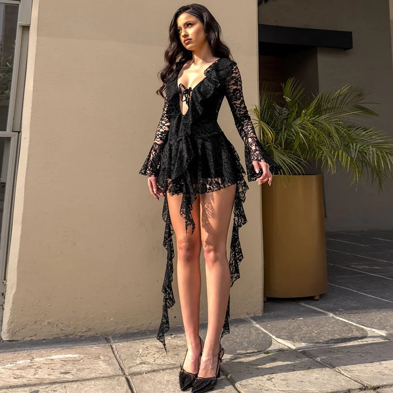 Lace-up Deep V Micro-cut Sleeve Tight-fitting Cinched Lace Dress