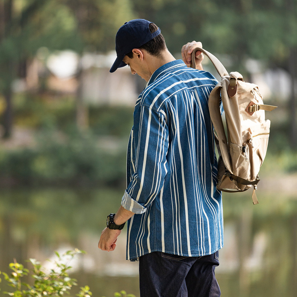 Men's Loose-fit Autumn Washed Striped Denim Shirt With Chest Pockets