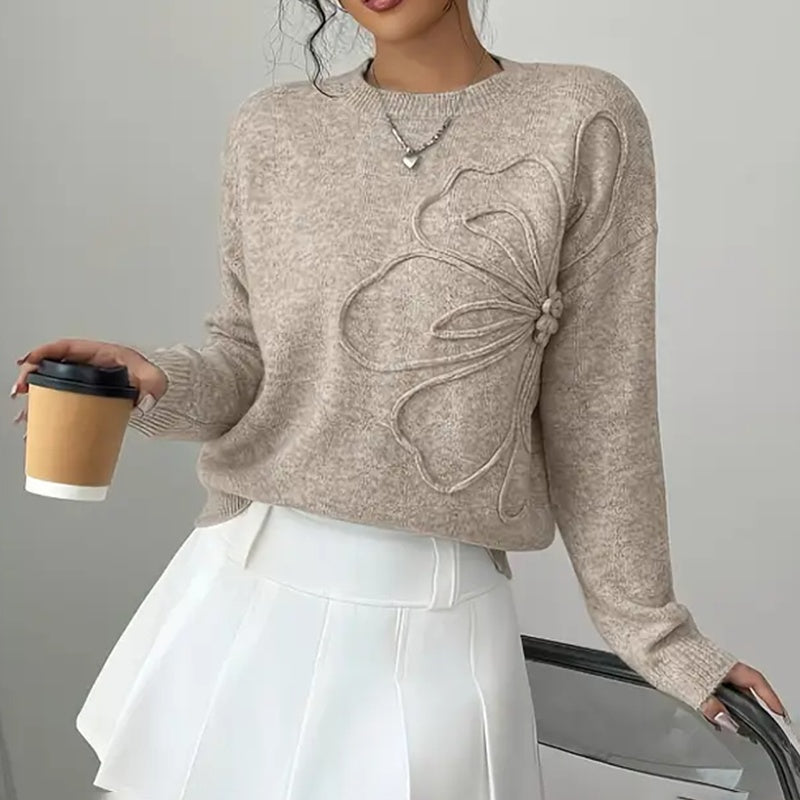 Women's Elegant Floral Sweater - 2025 Fall Winter Crew Neck Long Sleeve Casual Pullover
