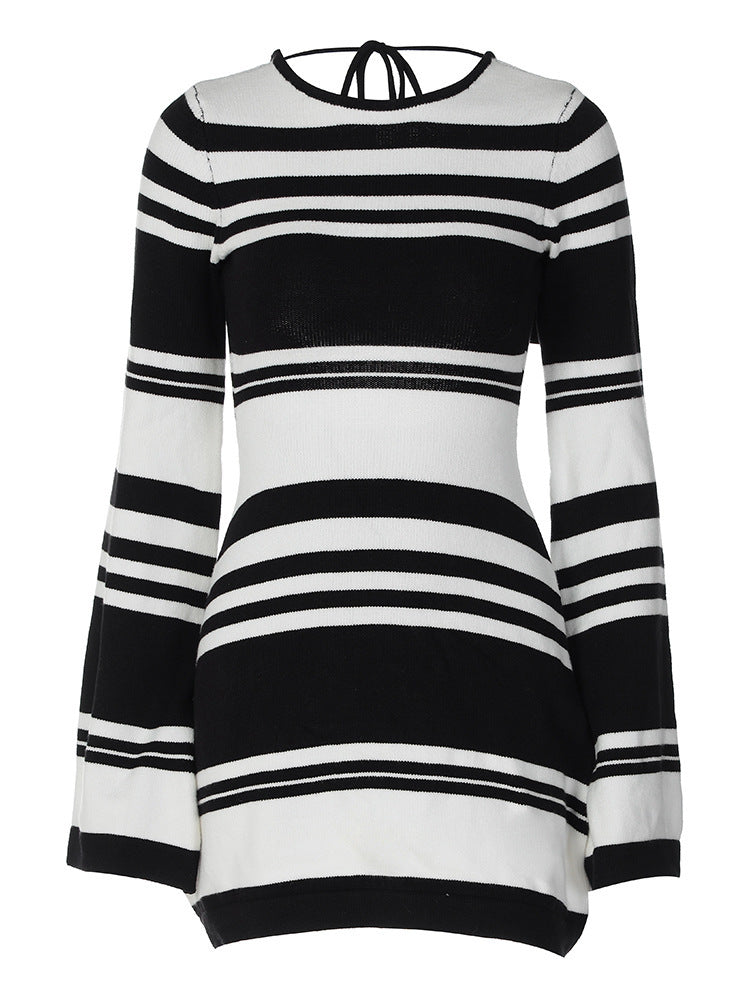 Knitted Sweater Striped Backless Flare Sleeve Tie-neck
