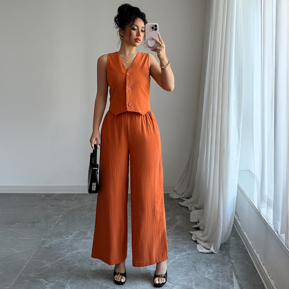 Simple Sleeveless Wide-leg Pants Two-piece Set For Women
