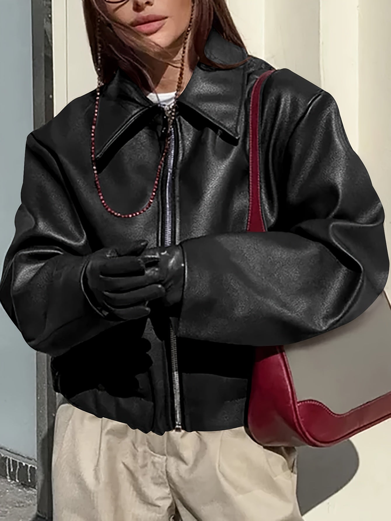 Retro Biker's Style Wine Red European And American Handsome Matte Leather Jacket Coat