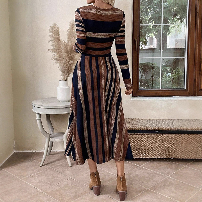 Women's Vintage Maxi Dress, Long Sleeve Crewneck Empire Waist Long Dress, Slim Fit Fall Casual Boho Chic Dress