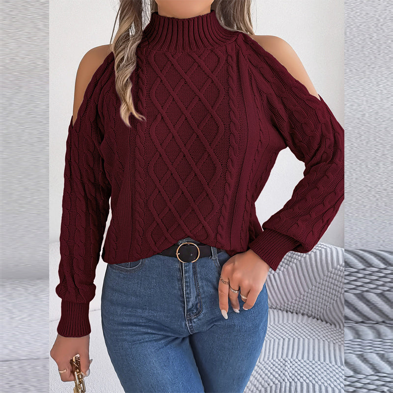 Women's Solid Color Off-Shoulder Cable Knit Sweater, High Neck Long Sleeve Pullover For Spring And Fall