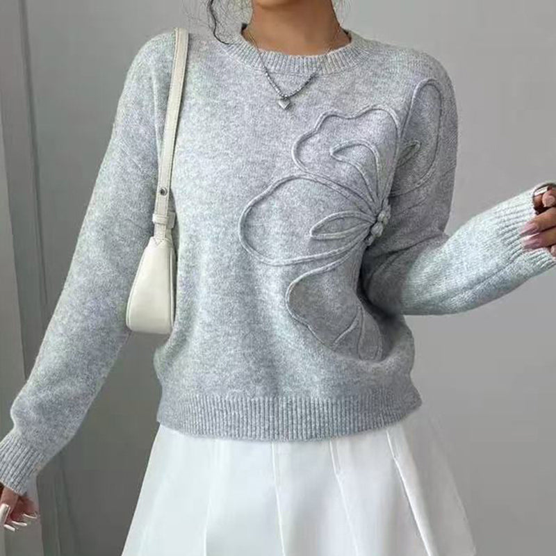 Women's Elegant Floral Sweater - 2025 Fall Winter Crew Neck Long Sleeve Casual Pullover