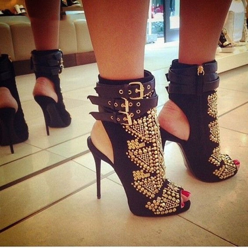 Sexy Slingback Fish Mouth Multi-buckle Hot Rhinestone High-heel Sandals