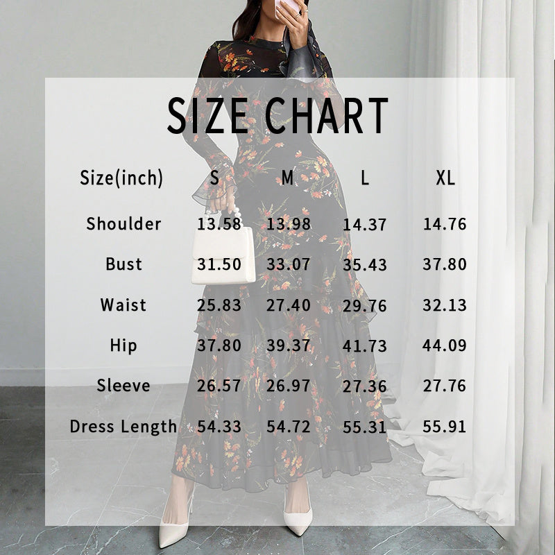 Women's Floral Print Maxi Dress, Sheer Mesh Flare Sleeve With Tiered Ruffle, Romantic Boho Casual Long Dress