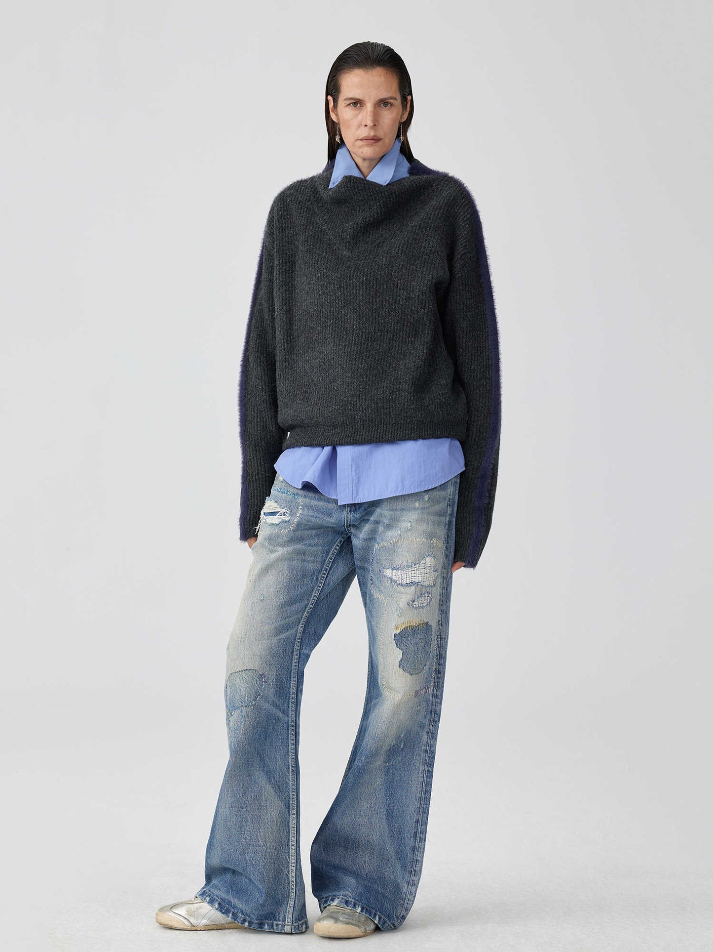 Washed Blue Patch Color Wire-track Flared Jeans