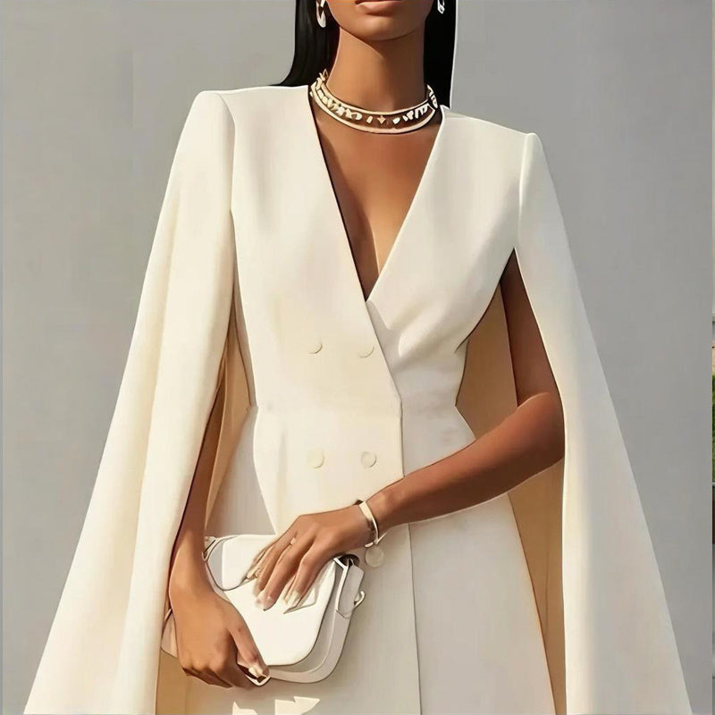 Women's Elegant Solid Color V Neck Double-Breasted Cape Blazer Dress Spring & Summer Party Banquet Outfit