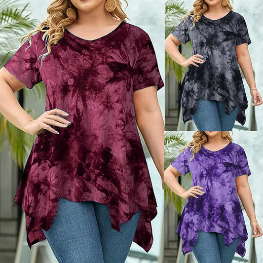 Tie-Dye V-Neck Asymmetric Hem Short-Sleeve Loose Top