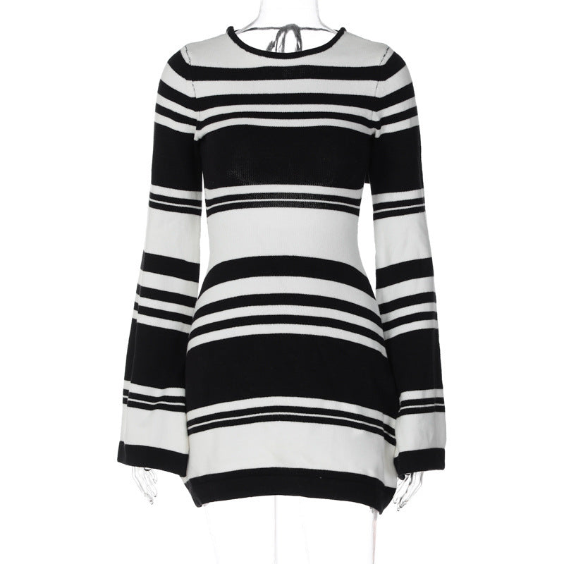 Knitted Sweater Striped Backless Flare Sleeve Tie-neck