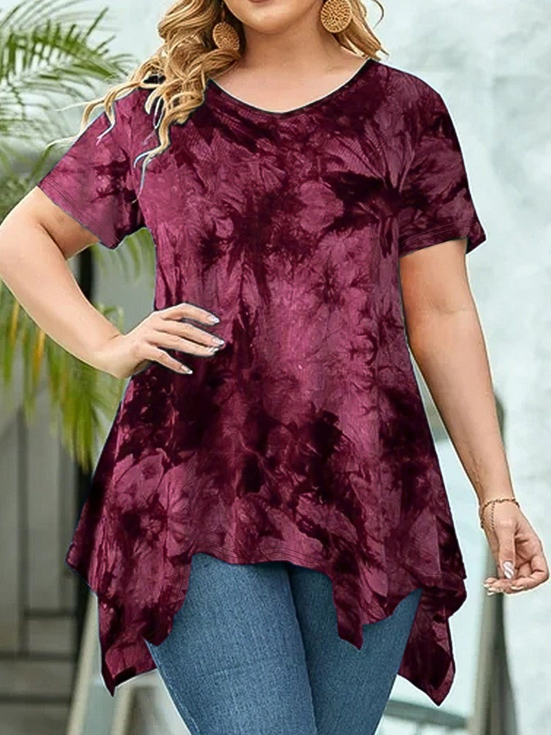 Tie-Dye V-Neck Asymmetric Hem Short-Sleeve Loose Top