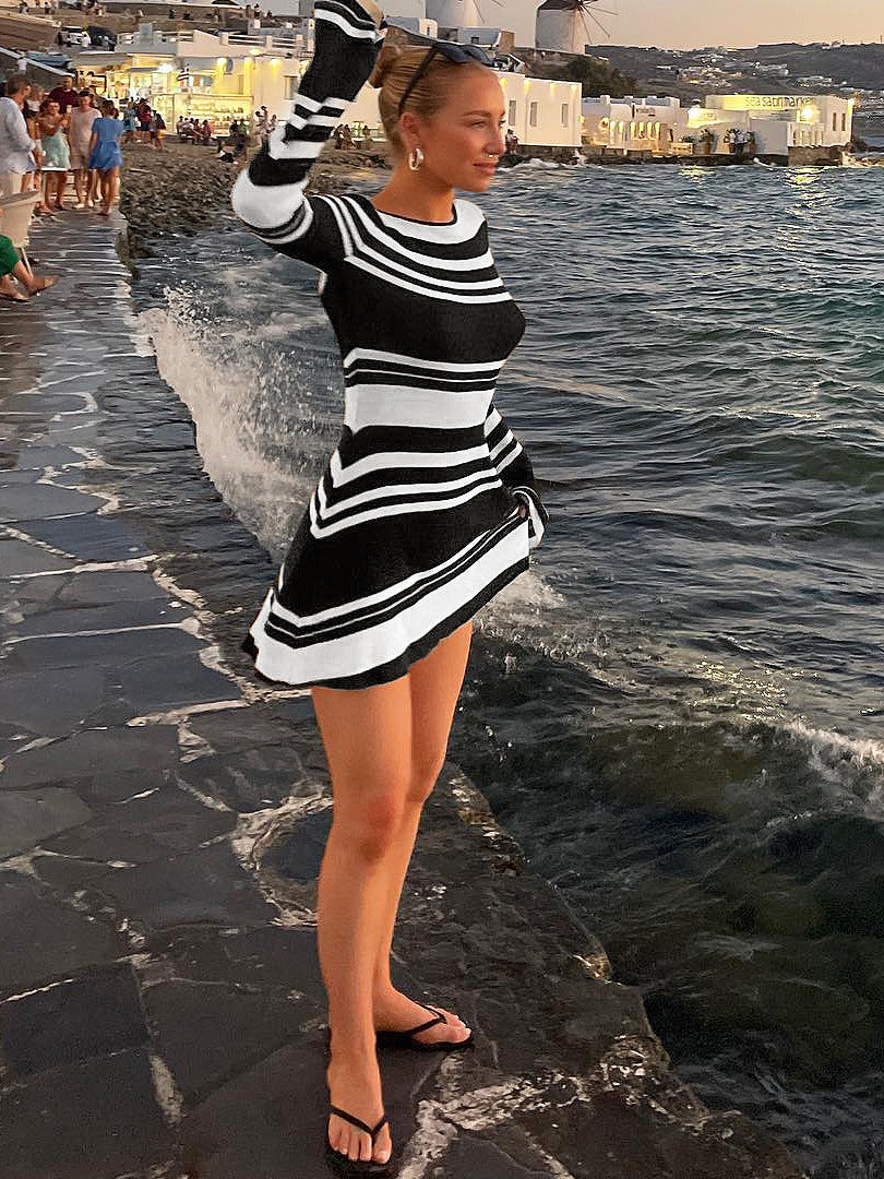 Knitted Sweater Striped Backless Flare Sleeve Tie-neck