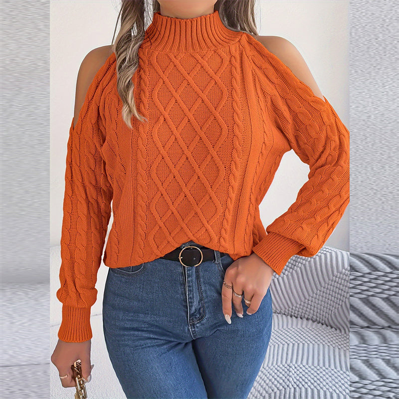 Women's Solid Color Off-Shoulder Cable Knit Sweater, High Neck Long Sleeve Pullover For Spring And Fall