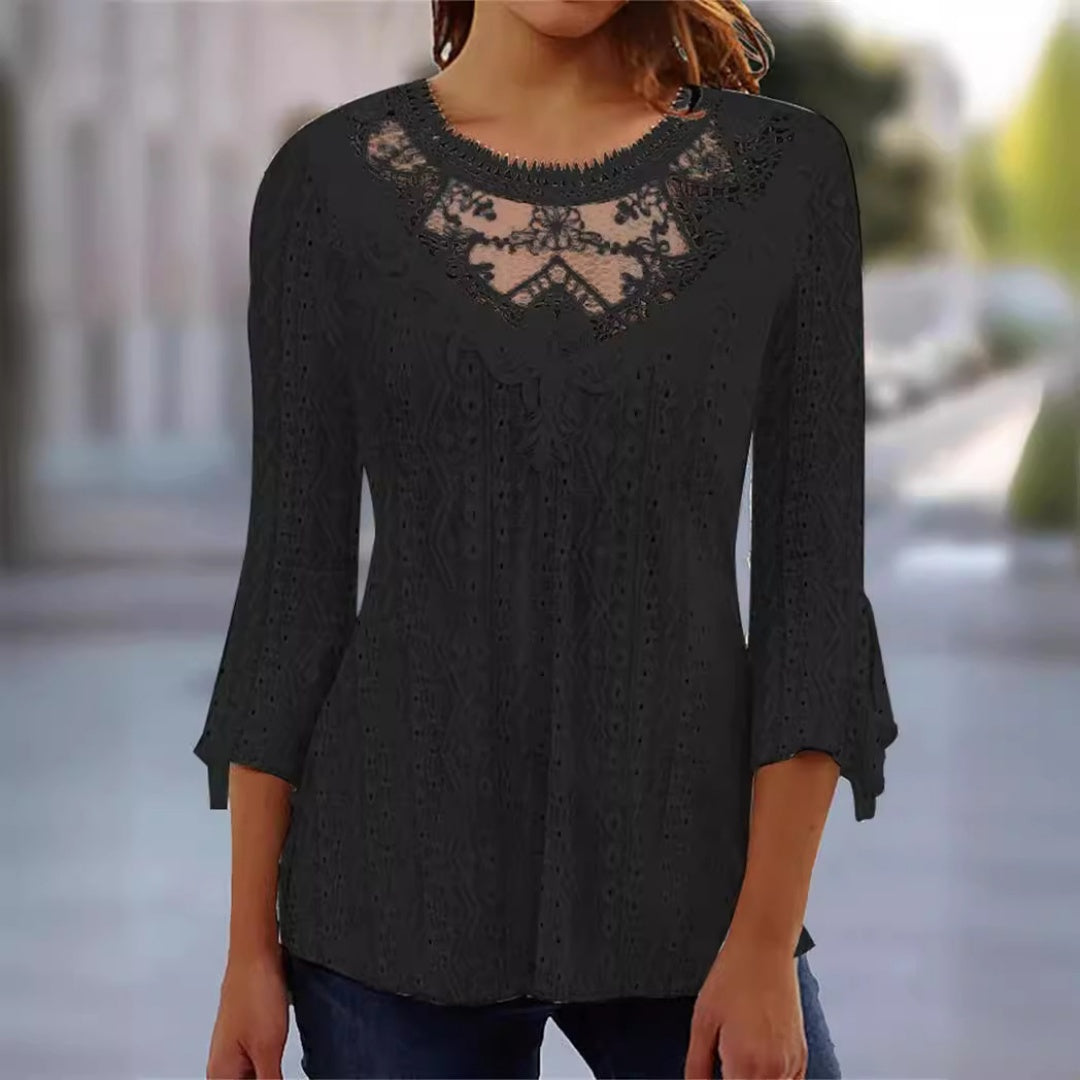 2023 Summer New Comfortable Leisure Hollow Out Perspective Lace Splicing Seven Quarter Sleeve Top
