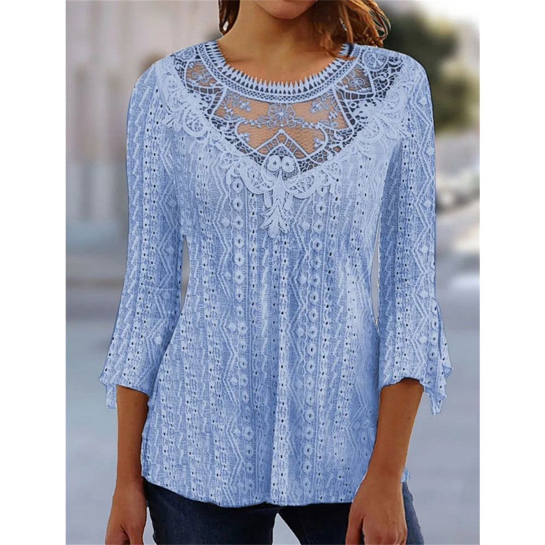 2023 Summer New Comfortable Leisure Hollow Out Perspective Lace Splicing Seven Quarter Sleeve Top