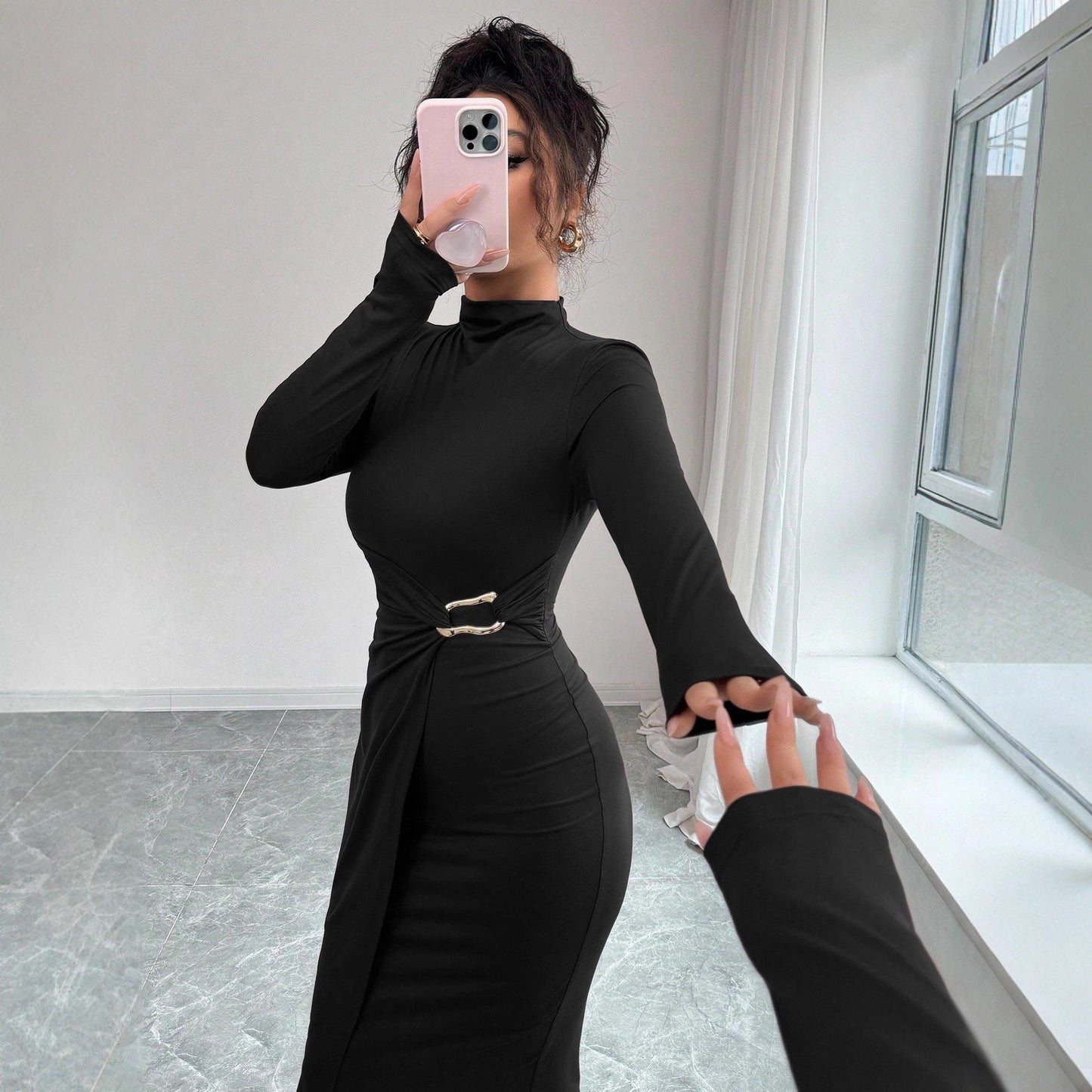 Small Stand-up Collar Knit Solid-color Dress With Metal Buttons