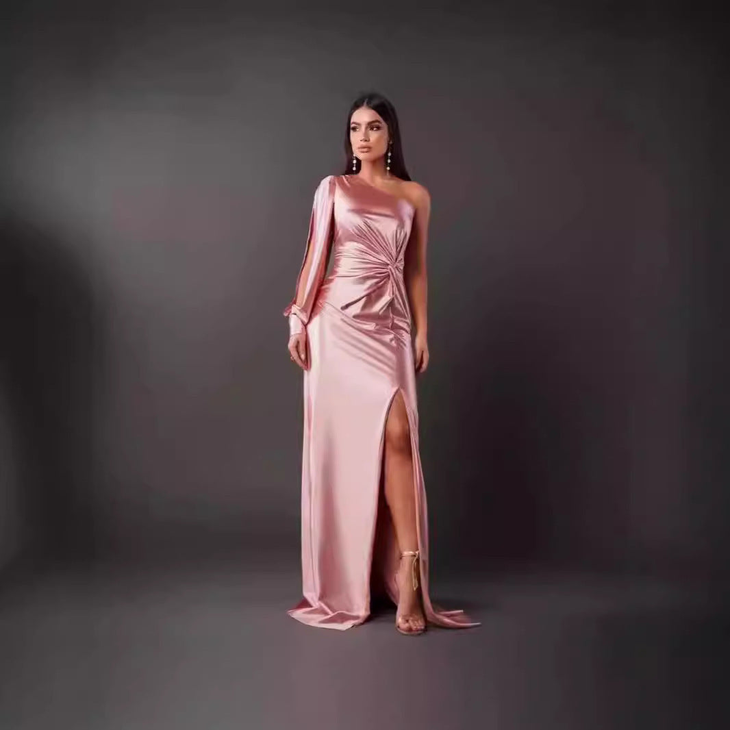 Women's Diagonal Collar Raglan Sleeve Pleated Waist Tight Split Sexy Long Dress