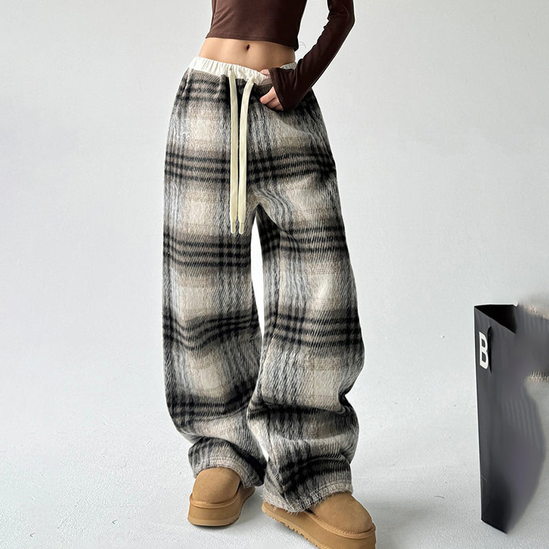 Women's High-Waisted Plaid Wide Leg Pants, Check Pattern Trousers With Drawstring Waist And Pockets