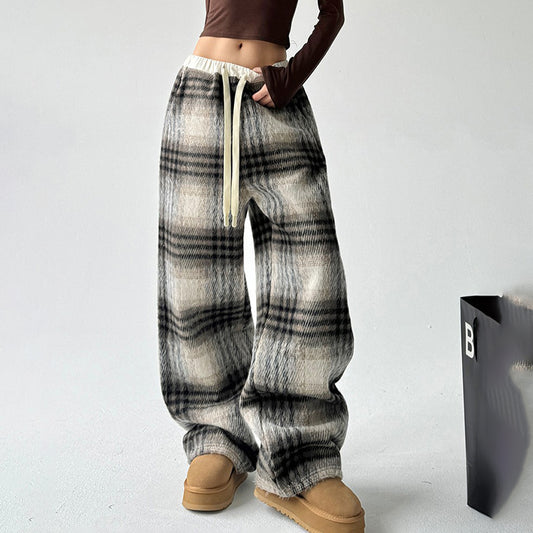 Women's High-Waisted Plaid Wide Leg Pants, Check Pattern Trousers With Drawstring Waist And Pockets