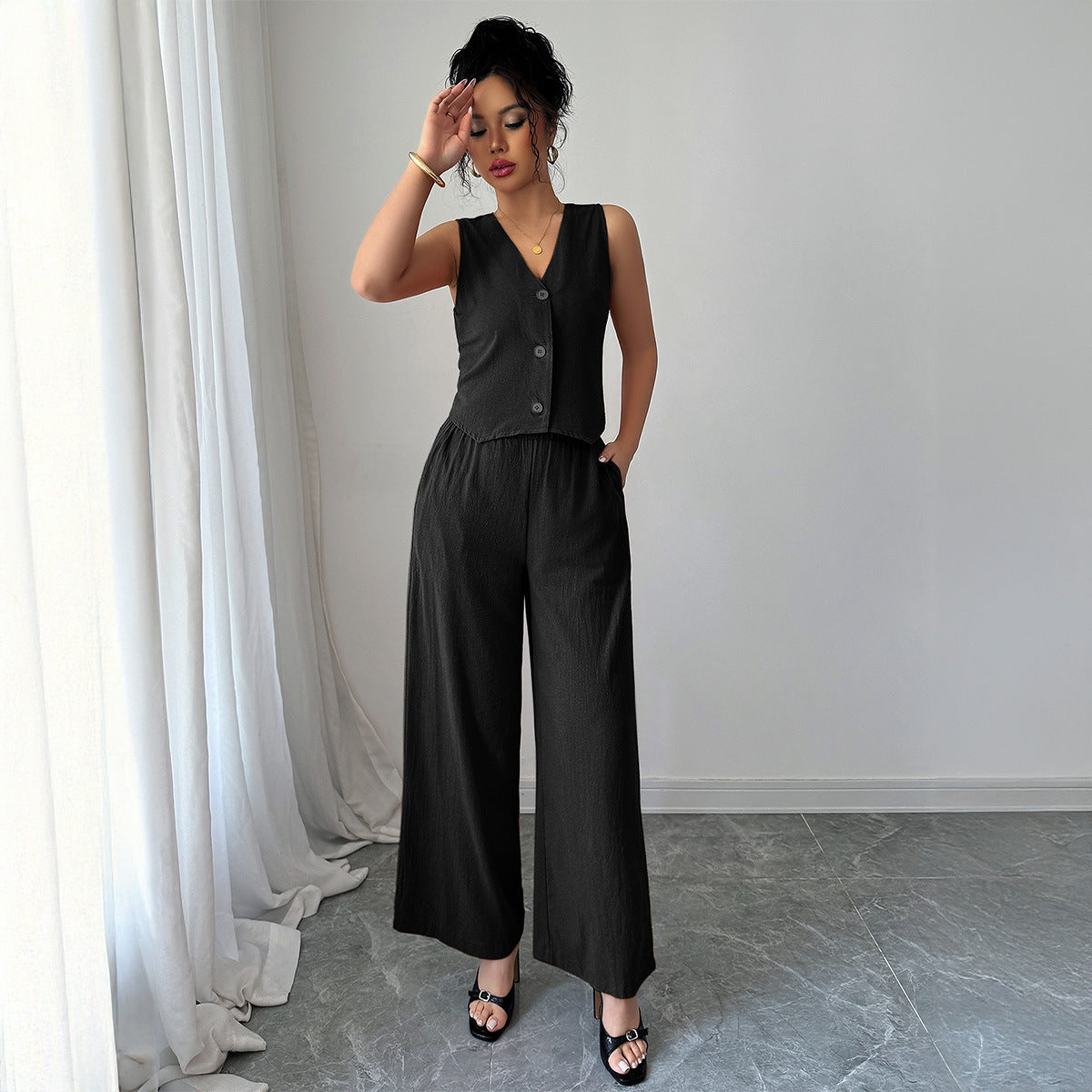 Simple Sleeveless Wide-leg Pants Two-piece Set For Women