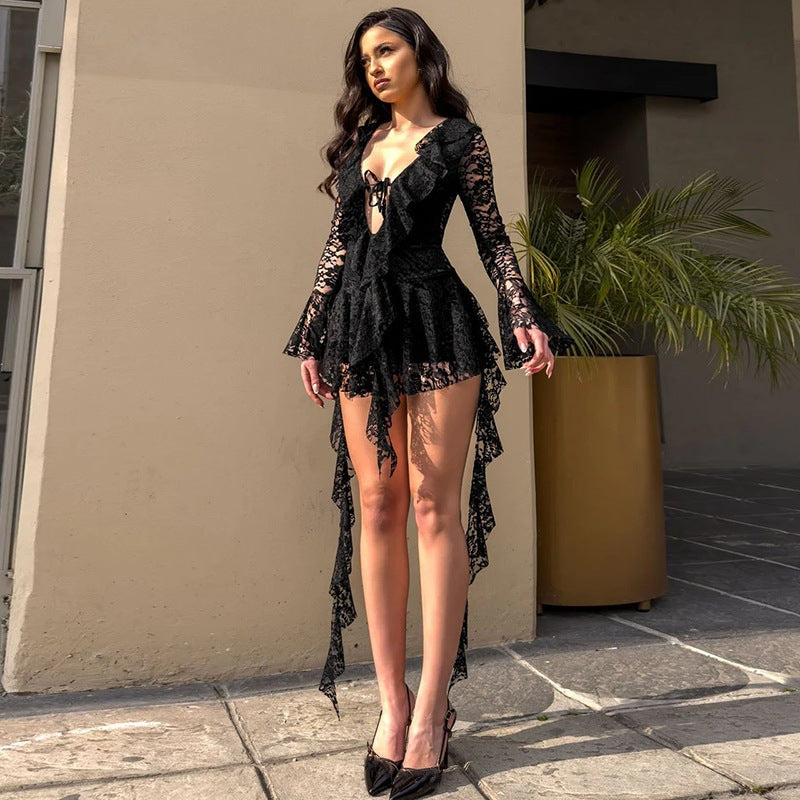 Lace-up Deep V Micro-cut Sleeve Tight-fitting Cinched Lace Dress