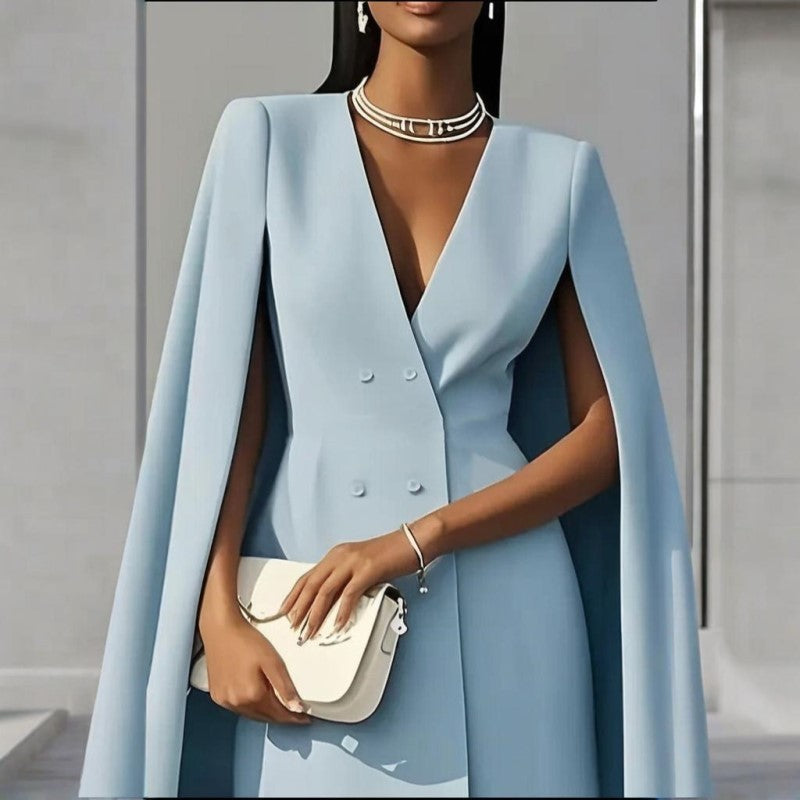 Women's Elegant Solid Color V Neck Double-Breasted Cape Blazer Dress Spring & Summer Party Banquet Outfit