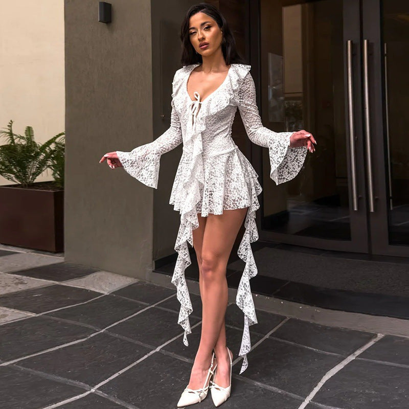 Lace-up Deep V Micro-cut Sleeve Tight-fitting Cinched Lace Dress