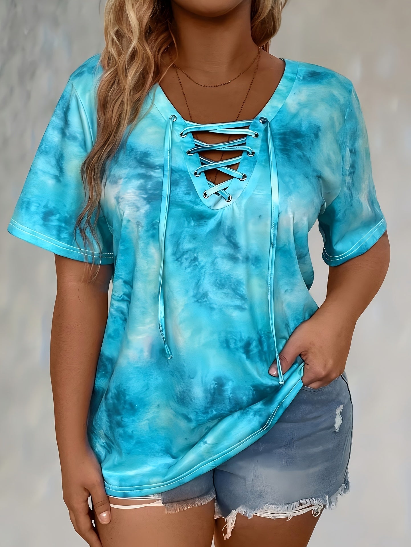 Self-pick-up Women's Tie Dye Printed Drawstring Casual Fashion Short Sleeve T-Shirt Only Self-pickup Is Supported