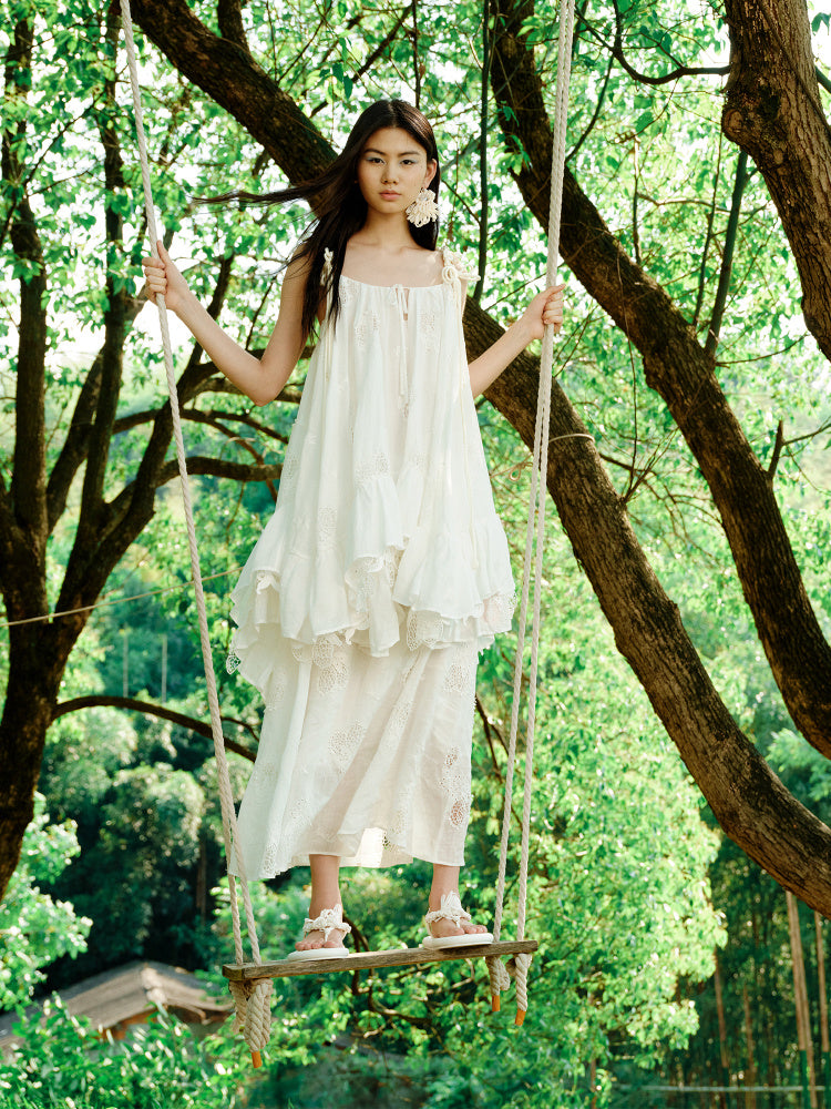 Lemon Hollow Embroidered Short Strap Dress