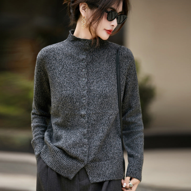 Machine Washable Half Turtleneck Arabesquitic Fabric Knitted Cardigan