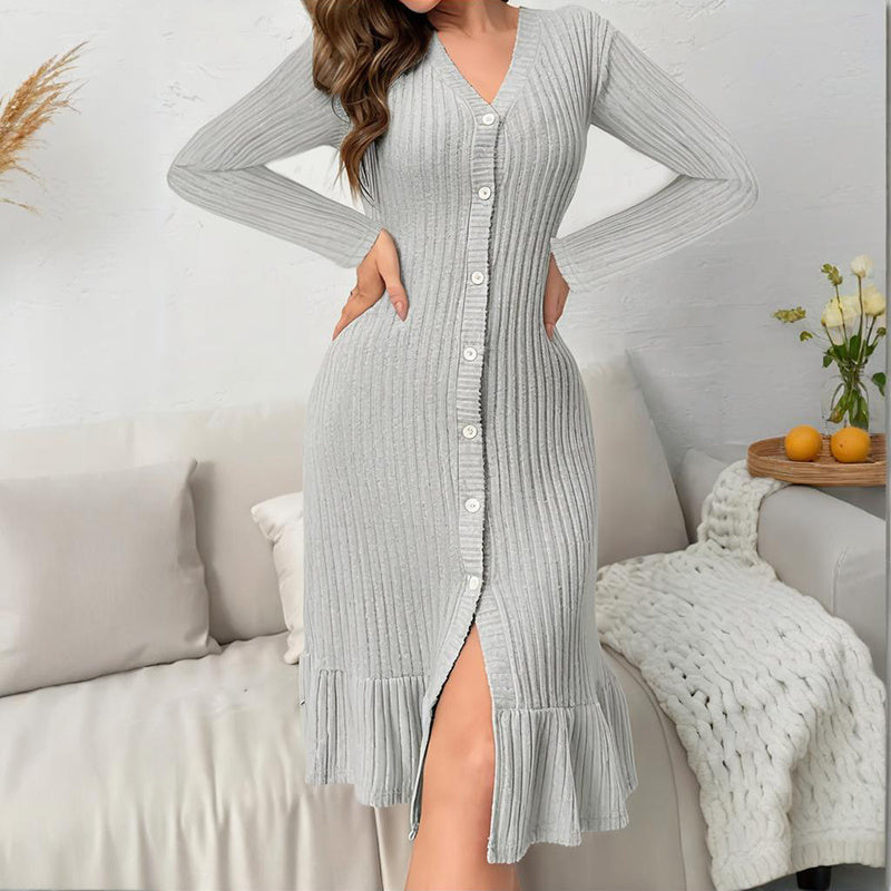 Women's V-Neck Bodycon Midi Dress - 2025 Spring Fall Long Sleeve Button Down Elegant Dress