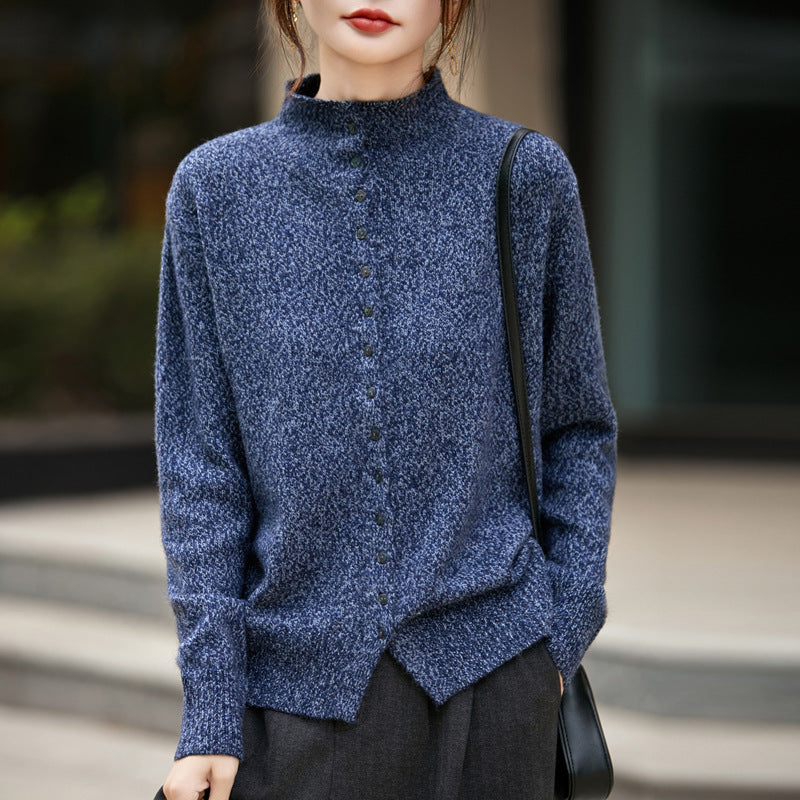 Machine Washable Half Turtleneck Arabesquitic Fabric Knitted Cardigan