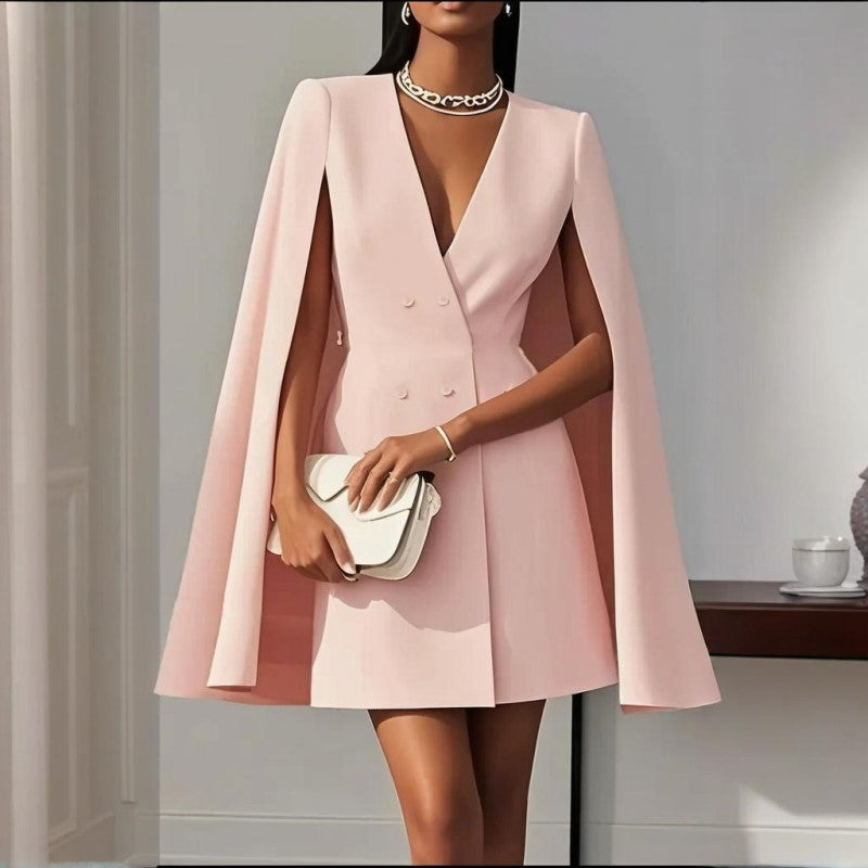 Women's Elegant Solid Color V Neck Double-Breasted Cape Blazer Dress Spring & Summer Party Banquet Outfit