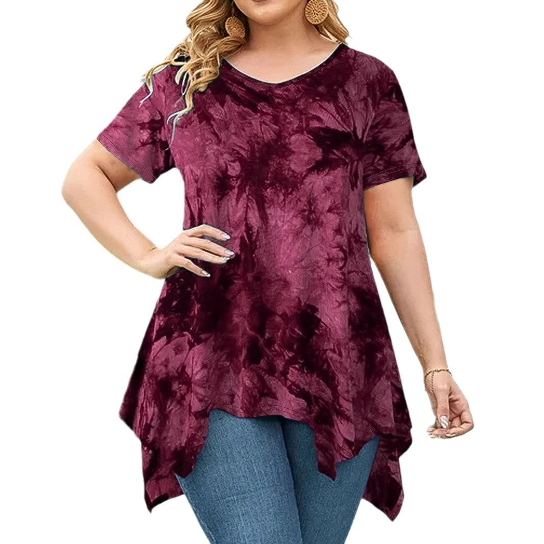 Tie-Dye V-Neck Asymmetric Hem Short-Sleeve Loose Top
