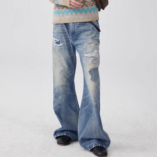 Washed Blue Patch Color Wire-track Flared Jeans