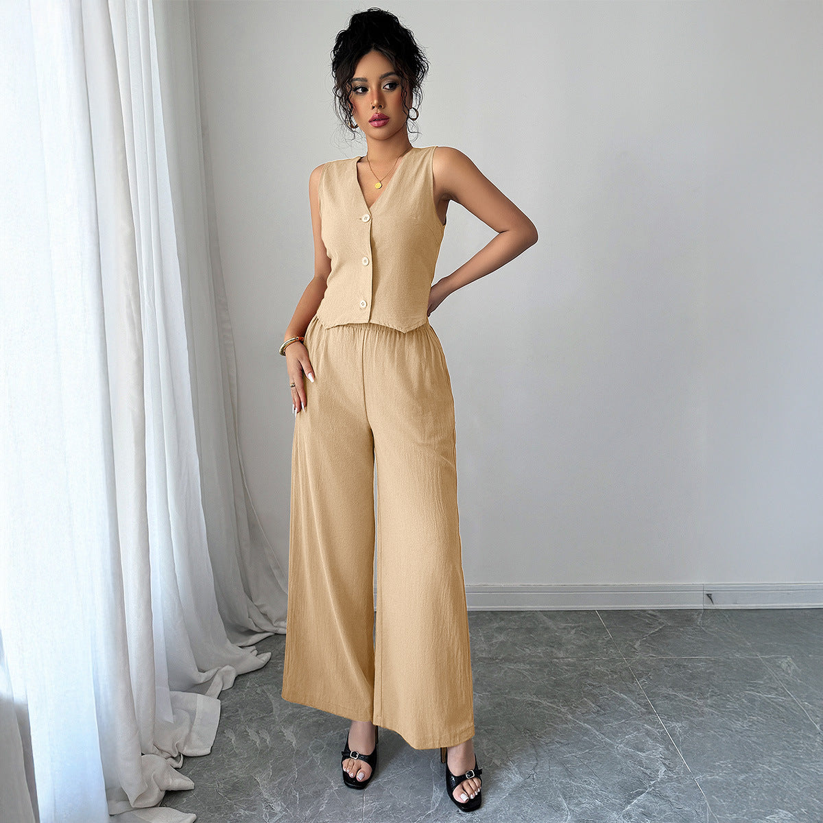 Simple Sleeveless Wide-leg Pants Two-piece Set For Women