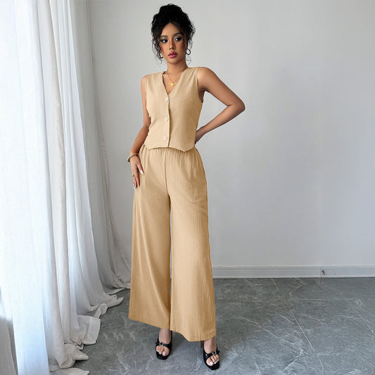Simple Sleeveless Wide-leg Pants Two-piece Set For Women