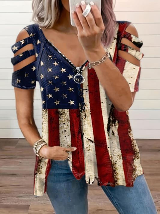 Self-pick-up Women'S Plus Zip Up Flag Print Short Sleeve T-Shirt Only Self-pickup Is Supported