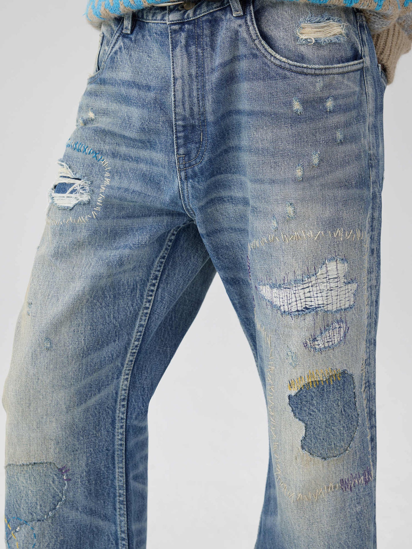 Washed Blue Patch Color Wire-track Flared Jeans
